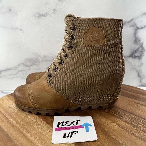Women’s 7-SOREL Joan Of Arctic Wedge II Boot Camel Brown Leather Boot Waterproof - Picture 1 of 9